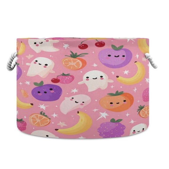 Collapsible 20" Round Storage Basket with Handles Laundry Hamper Open Storage Bins Fruit and Little Ghosts