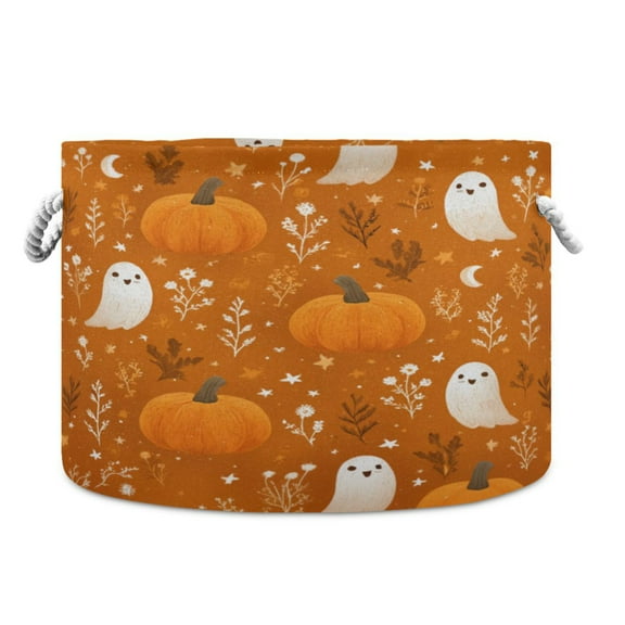 Collapsible 20" Round Storage Basket with Handles Laundry Hamper Open Storage Bins Fun Orange Halloween Pattern