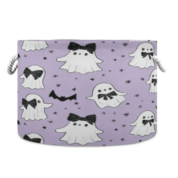 Collapsible 20" Round Storage Basket with Handles Laundry Hamper Open Storage Bins Ghost with A Bow Tie