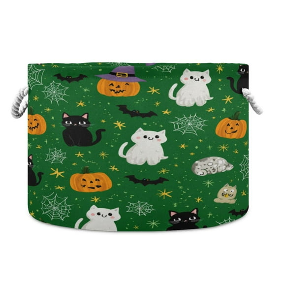 Collapsible 20" Round Storage Basket with Handles Laundry Hamper Open Storage Bins Green Background with Cats