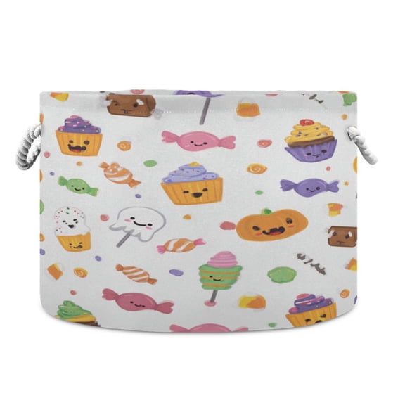 Collapsible 20" Round Storage Basket with Handles Laundry Hamper Open Storage Bins Halloween Candy and Cupcakes