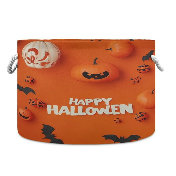 Collapsible 20" Round Storage Basket with Handles Laundry Hamper Open Storage Bins Halloween Decorations Orange