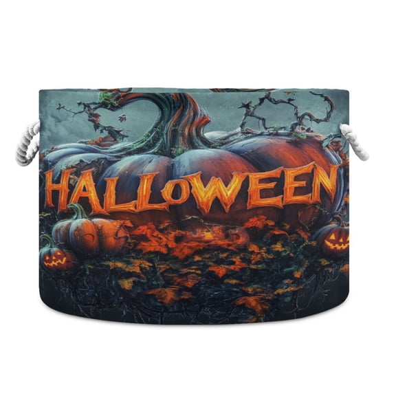 Collapsible 20" Round Storage Basket with Handles Laundry Hamper Open Storage Bins Halloween Icon