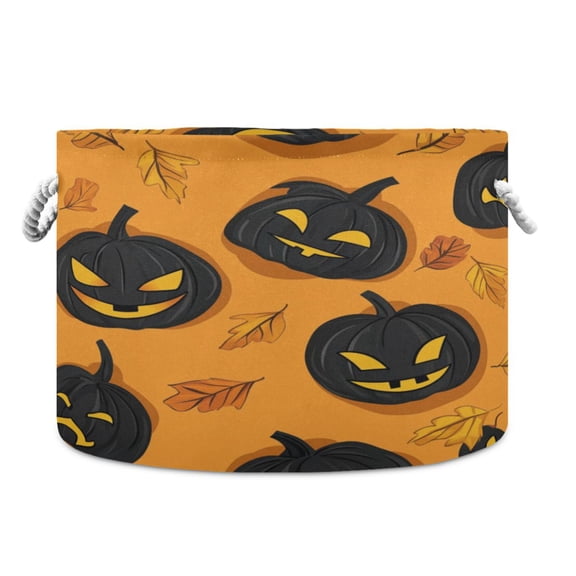 Collapsible 20" Round Storage Basket with Handles Laundry Hamper Open Storage Bins Halloween Orange Pumpkin Pattern