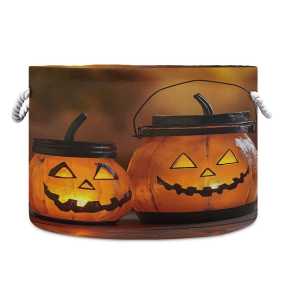 Collapsible 20" Round Storage Basket with Handles Laundry Hamper Open Storage Bins Halloween Pumpkin Shaped Jar and Bucket