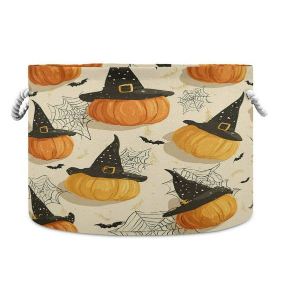 Collapsible 20" Round Storage Basket with Handles Laundry Hamper Open Storage Bins Halloween Pumpkins and Spider Webs