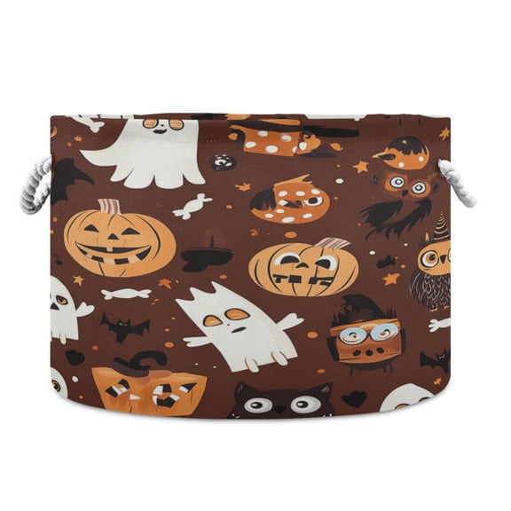 Collapsible 20" Round Storage Basket with Handles Laundry Hamper Open Storage Bins Halloween-themed Pattern