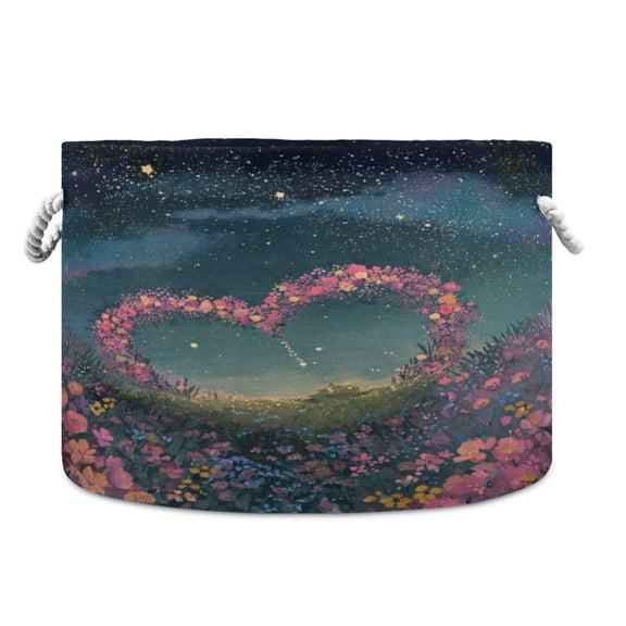 Collapsible 20" Round Storage Basket with Handles Laundry Hamper Open Storage Bins Heart-shaped Garlands Float