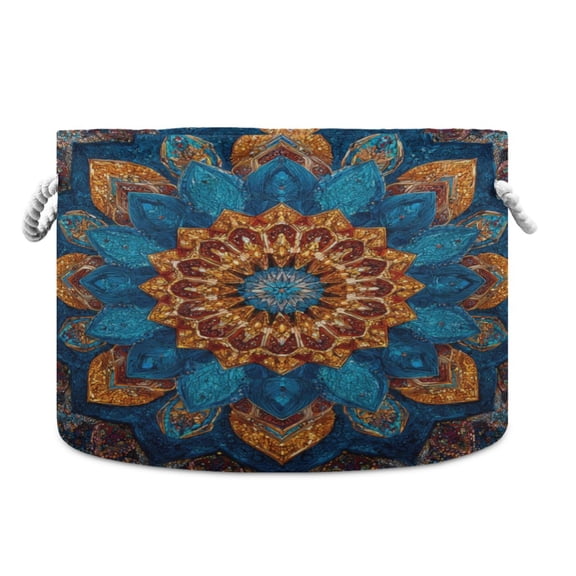 Collapsible 20" Round Storage Basket with Handles Laundry Hamper Open Storage Bins Intricate Geometric Shapes