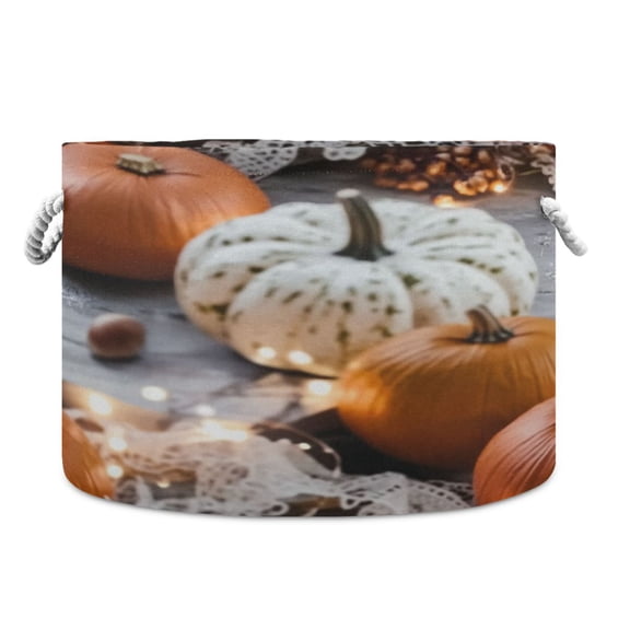 Collapsible 20" Round Storage Basket with Handles Laundry Hamper Open Storage Bins Lace and Autumn Decorations