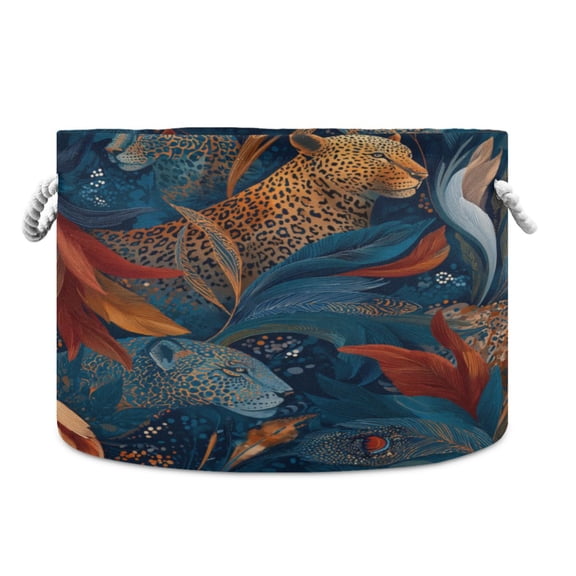 Collapsible 20" Round Storage Basket with Handles Laundry Hamper Open Storage Bins Leopard and Flying Feathers