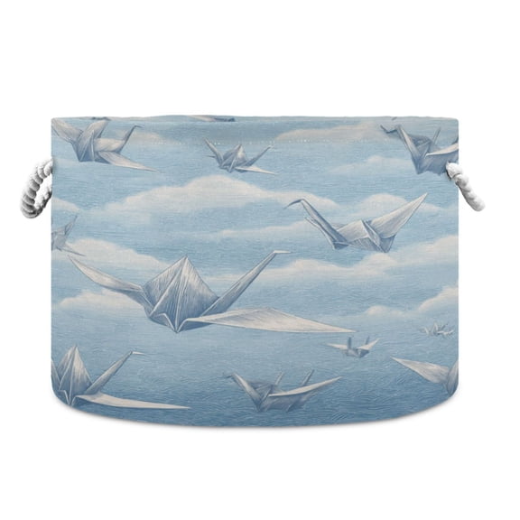 Collapsible 20" Round Storage Basket with Handles Laundry Hamper Open Storage Bins Light Blue Paper Cranes
