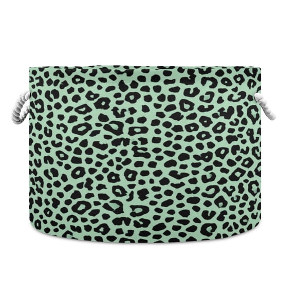 Collapsible 20" Round Storage Basket with Handles Laundry Hamper Open Storage Bins Mint Green Leopard Print