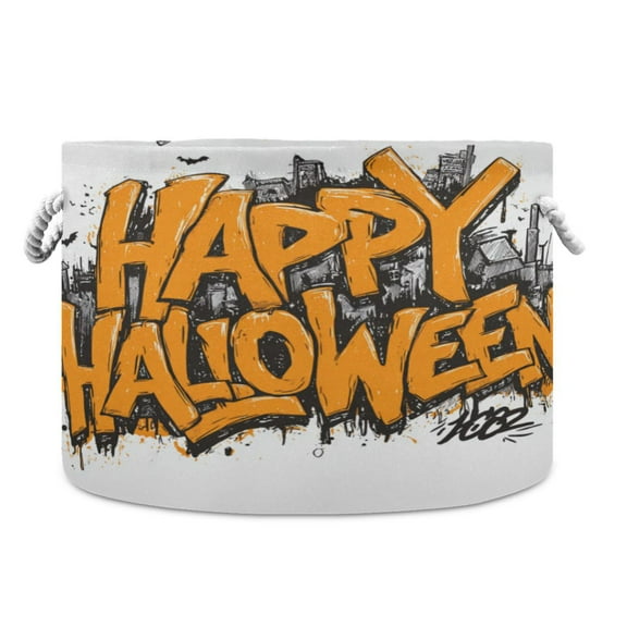 Collapsible 20" Round Storage Basket with Handles Laundry Hamper Open Storage Bins Orange Happy Halloween Font