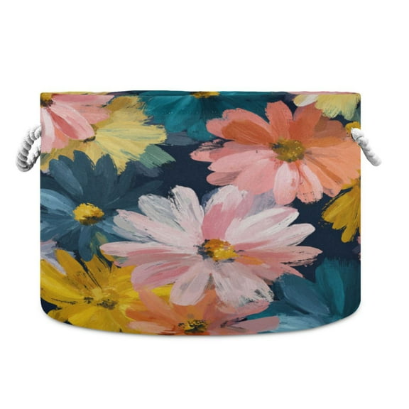 Collapsible 20" Round Storage Basket with Handles Laundry Hamper Open Storage Bins Oversized Daisies