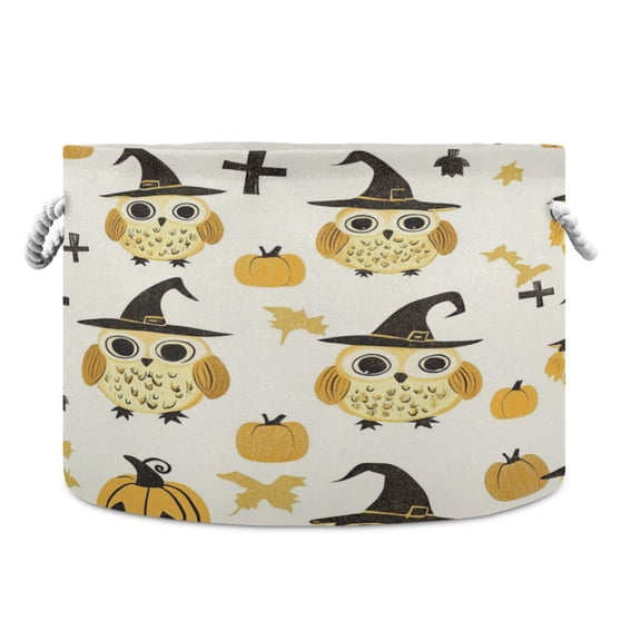 Collapsible 20" Round Storage Basket with Handles Laundry Hamper Open Storage Bins Owls Pattern
