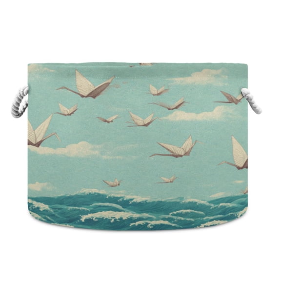 Collapsible 20" Round Storage Basket with Handles Laundry Hamper Open Storage Bins Paper Cranes Pattern
