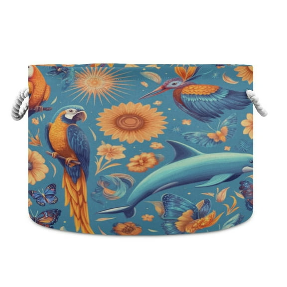 Collapsible 20" Round Storage Basket with Handles Laundry Hamper Open Storage Bins Parrots and Butterflies Pattern