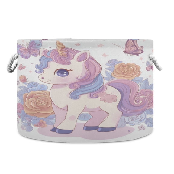Collapsible 20" Round Storage Basket with Handles Laundry Hamper Open Storage Bins Pastel Colors Unicorn