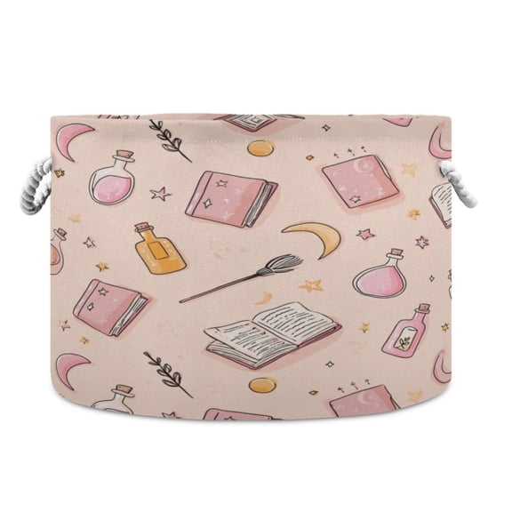 Collapsible 20" Round Storage Basket with Handles Laundry Hamper Open Storage Bins Pastel Pink Witchy Items