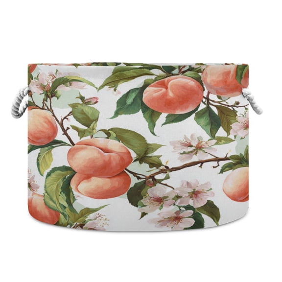 Collapsible 20" Round Storage Basket with Handles Laundry Hamper Open Storage Bins Peach Fruit Pattern