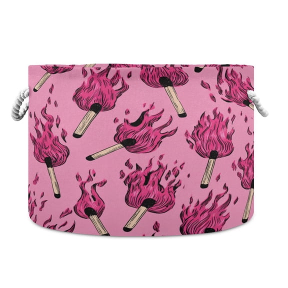 Collapsible 20" Round Storage Basket with Handles Laundry Hamper Open Storage Bins Pink Flames Pattern