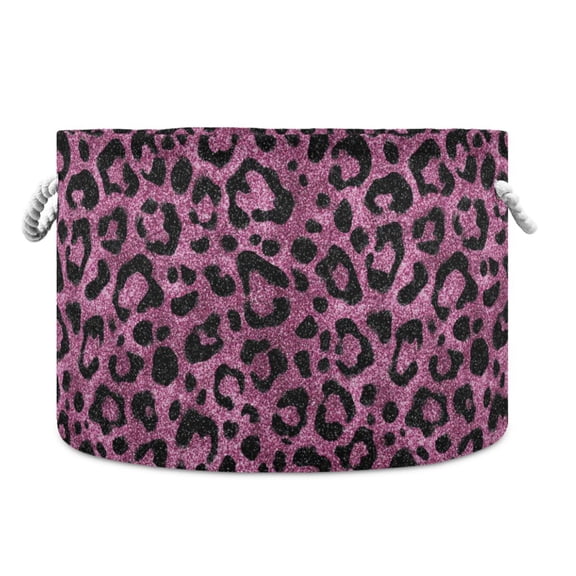 Collapsible 20" Round Storage Basket with Handles Laundry Hamper Open Storage Bins Pink Glitter Cheetah Print