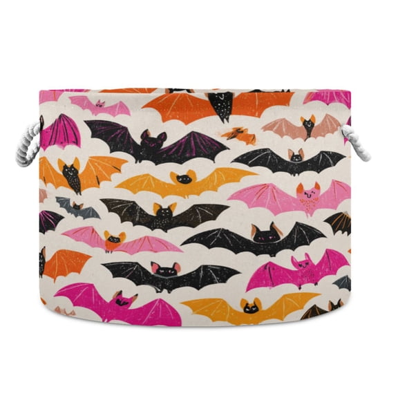 Collapsible 20" Round Storage Basket with Handles Laundry Hamper Open Storage Bins Pink and Orange Bats