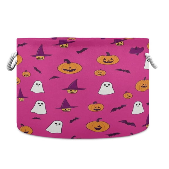 Collapsible 20" Round Storage Basket with Handles Laundry Hamper Open Storage Bins Playful Cartoon Halloween Icons