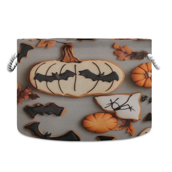 Collapsible 20" Round Storage Basket with Handles Laundry Hamper Open Storage Bins Pumpkin-shaped Cookies with Bat