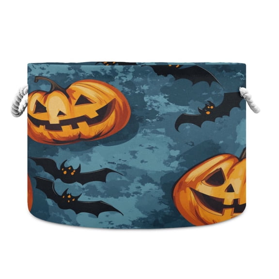 Collapsible 20" Round Storage Basket with Handles Laundry Hamper Open Storage Bins Pumpkins and Bat