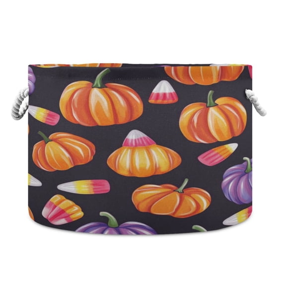 Collapsible 20" Round Storage Basket with Handles Laundry Hamper Open Storage Bins Pumpkins and Candy Corn