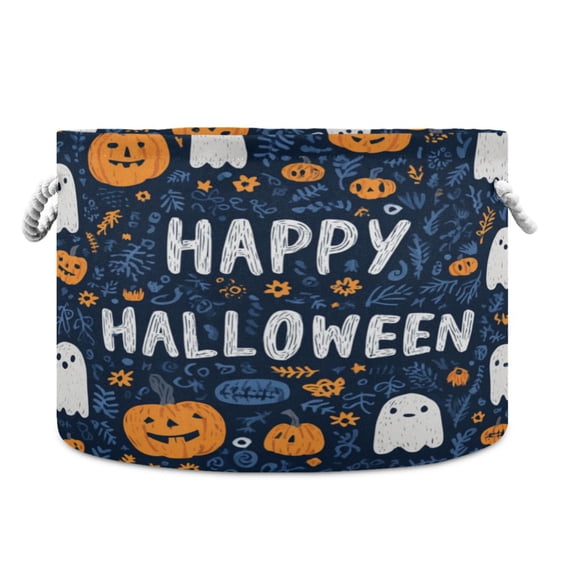 Collapsible 20" Round Storage Basket with Handles Laundry Hamper Open Storage Bins Pumpkins and Ghosts Elements