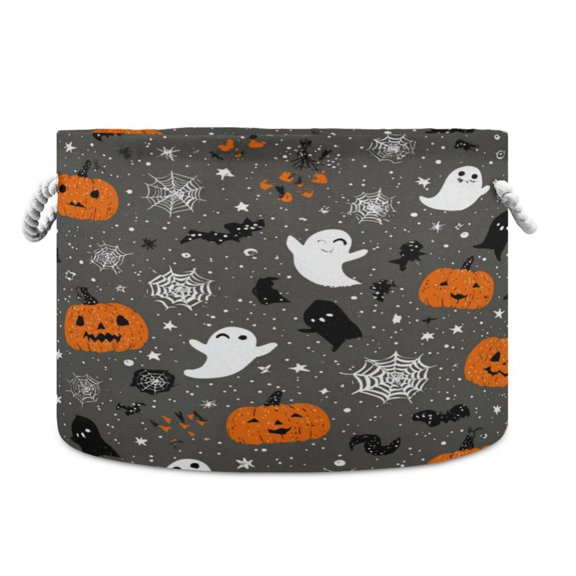 Collapsible 20" Round Storage Basket with Handles Laundry Hamper Open Storage Bins Pumpkins and Ghosts