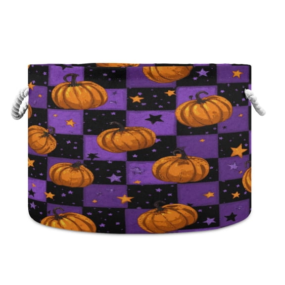 Collapsible 20" Round Storage Basket with Handles Laundry Hamper Open Storage Bins Pumpkins and Stars