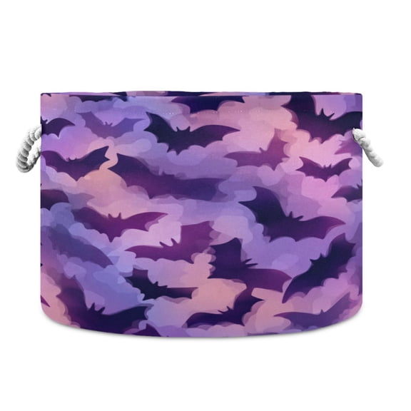 Collapsible 20" Round Storage Basket with Handles Laundry Hamper Open Storage Bins Purple Bats Pattern
