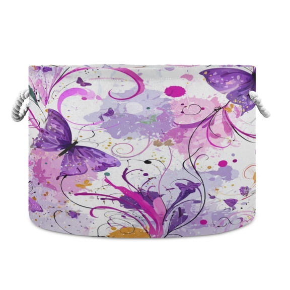 Collapsible 20" Round Storage Basket with Handles Laundry Hamper Open Storage Bins Purple Butterfly with Swirls