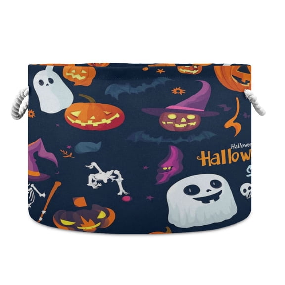 Collapsible 20" Round Storage Basket with Handles Laundry Hamper Open Storage Bins Purple Cute Halloween Icon