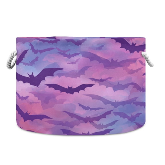 Collapsible 20" Round Storage Basket with Handles Laundry Hamper Open Storage Bins Purple and Pink Bats
