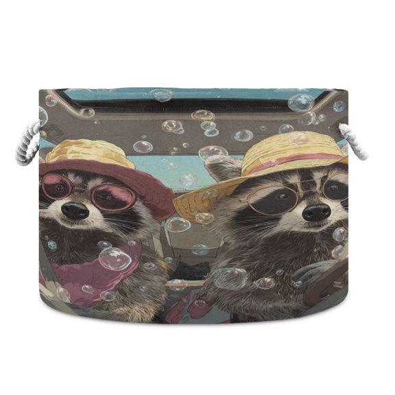 Collapsible 20" Round Storage Basket with Handles Laundry Hamper Open Storage Bins Raccoons Wearing Sun Hats