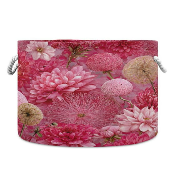 Collapsible 20" Round Storage Basket with Handles Laundry Hamper Open Storage Bins Red Chrysanthemum and Dandelion