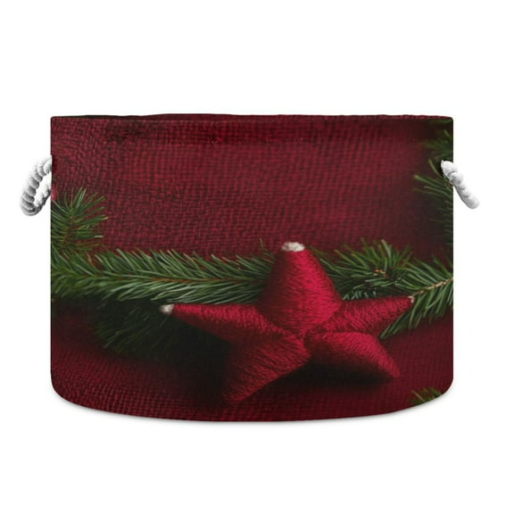 Collapsible 20" Round Storage Basket with Handles Laundry Hamper Open Storage Bins Red Star-shaped Christmas Decoration