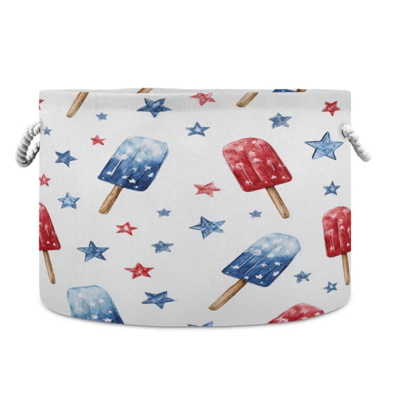 Collapsible 20" Round Storage Basket with Handles Laundry Hamper Open Storage Bins Red and Blue Popsicle