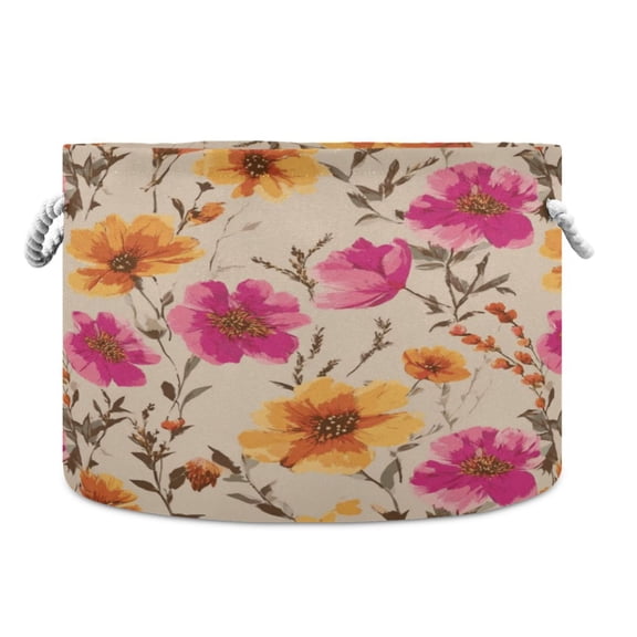 Collapsible 20" Round Storage Basket with Handles Laundry Hamper Open Storage Bins Rustic and Romantic Wildflowers