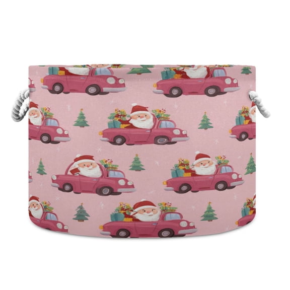 Collapsible 20" Round Storage Basket with Handles Laundry Hamper Open Storage Bins Santa Claus Driving in Red Cars