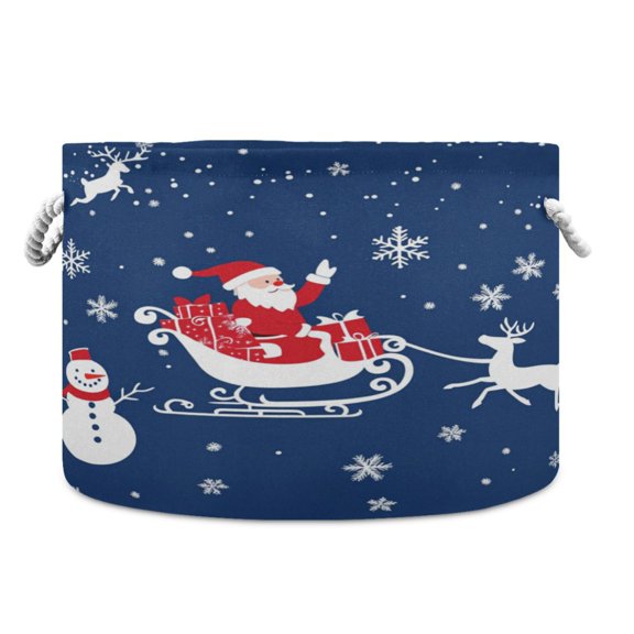 Collapsible 20" Round Storage Basket with Handles Laundry Hamper Open Storage Bins Santa Claus with His Sleigh