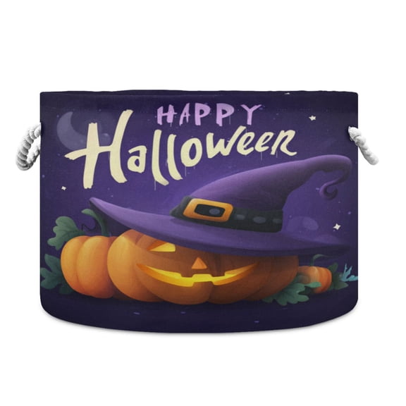 Collapsible 20" Round Storage Basket with Handles Laundry Hamper Open Storage Bins Spooky Halloween Design