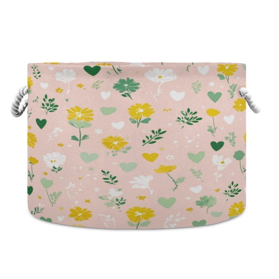 Collapsible 20" Round Storage Basket with Handles Laundry Hamper Open Storage Bins Spring Flowers and Hearts Pattern