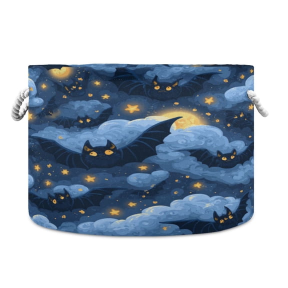 Collapsible 20" Round Storage Basket with Handles Laundry Hamper Open Storage Bins Stars and Bats