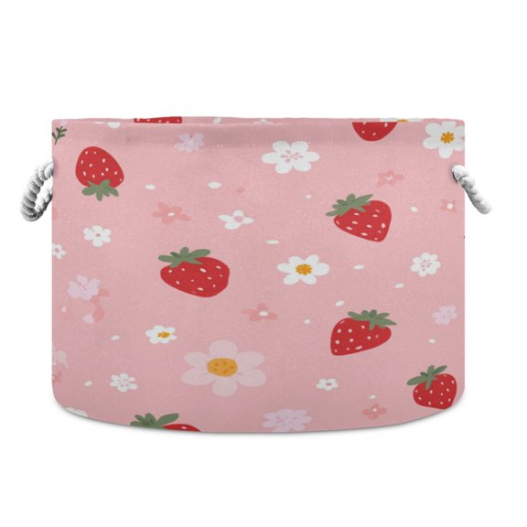 Collapsible 20" Round Storage Basket with Handles Laundry Hamper Open Storage Bins Strawberry and Flowers